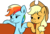 Size: 2000x1372 | Tagged: safe, artist:raptorfarts, applejack, rainbow dash, earth pony, pegasus, pony, g4, my little pony: friendship is magic, the saddle row review, duo, hoofbump, scene interpretation, simple background, smiling, white background