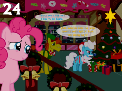 Size: 1024x768 | Tagged: safe, artist:bronybyexception, carrot cake, cup cake, pinkie pie, elf, pony, g4, advent calendar, christmas, christmas tree, clothes, costume, crying, fake beard, fat joke, feels, holiday, present, santa claus, santa hooves, sugarcube corner, tears of joy, this will end in a night on the couch, tree