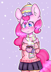 Size: 2000x2800 | Tagged: safe, artist:bunxl, pinkie pie, earth pony, anthro, g4, chocolate, clothes, cute, female, food, hat, heart, heart eyes, high res, hot chocolate, mittens, pantyhose, pleated skirt, scarf, skirt, snow, solo, striped pantyhose, sweater, wingding eyes