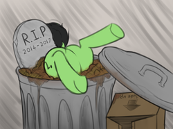 Size: 995x739 | Tagged: safe, artist:smoldix, oc, oc only, oc:filly anon, earth pony, pony, abuse, box, colored, dock, featureless crotch, female, filly, head first, into the trash it goes, monochrome, solo, trash, trash can