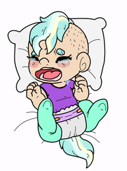 Size: 401x538 | Tagged: safe, artist:sexygoatgod, oc, oc only, oc:clair heartstrings, satyr, baby, crying, diaper, female, filly, foal, no teeth, parent:lyra heartstrings, solo