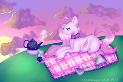 Size: 3000x2000 | Tagged: safe, artist:bunxl, oc, oc only, pony, unicorn, amputee, bandage, curved horn, food, high res, horn, injured, prosthetic limb, prosthetics, solo, tea