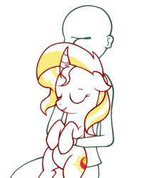 Size: 911x1130 | Tagged: safe, artist:zharkaer, sunset shimmer, oc, oc:anon, human, pony, unicorn, g4, cuddling, curved horn, fanfic, fanfic art, female, horn, human on pony snuggling, male, mare, partial color, simple background, snuggling, white background