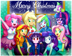 Size: 1660x1300 | Tagged: safe, artist:the-butch-x, applejack, fluttershy, pinkie pie, rainbow dash, rarity, sci-twi, sunset shimmer, twilight sparkle, oc, oc:cassey, dog, equestria girls, g4, my little pony equestria girls: better together, christmas, clothes, equestria girls-ified, happy, holiday, looking at you, magical geodes, open mouth, smiling, snow, winter