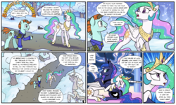 Size: 1920x1149 | Tagged: safe, artist:pencils, princess celestia, princess luna, oc, oc:captain honey pot, alicorn, pony, unicorn, comic:sunbutt sunday, g4, blushing, clothes, comic, crown, crying, dialogue, eye contact, eyeshadow, female, hoof shoes, hug, jewelry, looking at each other, looking back, makeup, male, mare, open mouth, peytral, princess celestia loves eclairs, regalia, royal sisters, snow, snowfall, speech bubble, stallion, statue, tree, uniform