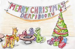Size: 3414x2250 | Tagged: safe, artist:40kponyguy, derpibooru exclusive, oc, oc:comment, oc:downvote, oc:favourite, oc:upvote, alicorn, earth pony, pegasus, pony, unicorn, derpibooru, alicorn oc, christmas, christmas tree, derpibooru ponified, high res, holiday, ponified, present, sleeping, traditional art, tree