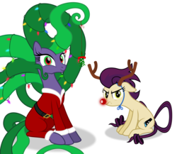 Size: 4759x4138 | Tagged: safe, artist:grypher, derpibooru exclusive, high heel, mane-iac, pony, g4, idw, absurd resolution, antlers, christmas, christmas lights, clothes, costume, floppy ears, frown, glare, holiday, looking at you, missing accessory, mistletoe, red nose, santa costume, simple background, sitting, transparent background, vector