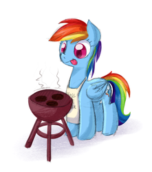 Size: 869x985 | Tagged: safe, artist:graphene, artist:trickydick, rainbow dash, pegasus, pony, g4, apron, burger, clothes, cooking, female, food, grill, hamburger, mare, ponies eating meat, simple background, solo, tongue out, white background