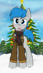 Size: 1536x2560 | Tagged: safe, artist:xphil1998, oc, oc only, oc:trigger hooves, earth pony, pony, christmas, christmas tree, clothes, hearth's warming eve, holiday, jacket, scarf, snow, solo, tree, winter