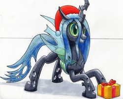 Size: 3085x2480 | Tagged: safe, artist:bbqninja501st, queen chrysalis, changeling, changeling queen, g4, christmas, christmas changeling, female, hat, high res, holiday, present, santa hat, solo