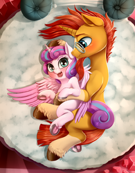 Size: 1366x1754 | Tagged: safe, artist:dankflank, part of a set, princess flurry heart, sunburst, alicorn, pony, unicorn, g4, age difference, bedroom, blushing, commission, cuddling, cute, eye contact, fanfic, fanfic art, fanfic cover, female, filly, flurryburst, frog (hoof), glasses, implied foalcon, looking at each other, looking at you, looking back, lying down, male, not creepy, on side, open mouth, shipping, smiling, stallion, this will end in banishment, tongue out, underhoof, unshorn fetlocks, wavy mouth, wings, young