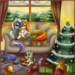 Size: 2000x2000 | Tagged: safe, artist:paintsplotch, minuette, oc, oc:chris, oc:starla, pony, unicorn, fanfic:mandatory motherhood, ponies after people, g4, adopted offspring, canon x oc, christmas, christmas lights, christmas tree, cold, comforting, cottagecore, cuddling, cute, family, fanfic, fanfic art, female, filly, foal, friends, happy, high res, holiday, holiday special, human to pony, male to female, messy, mother and daughter, pap, plushie, ponified, present, rule 63, shark plushie, snow, toy, transformation, transformed, transgender transformation, tree, winter