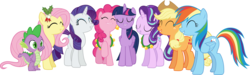 Size: 25536x7700 | Tagged: safe, artist:frownfactory, applejack, fluttershy, pinkie pie, rainbow dash, rarity, spike, starlight glimmer, twilight sparkle, alicorn, dragon, earth pony, pegasus, pony, unicorn, a hearth's warming tail, g4, absurd resolution, christmas, dangerously high res, eyes closed, female, hearth's warming, hearth's warming eve, holiday, male, mane six, mare, simple background, transparent background, twilight sparkle (alicorn), vector
