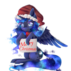 Size: 883x889 | Tagged: safe, artist:xkittyblue, princess luna, alicorn, pony, g4, christmas, cute, female, hat, holiday, looking at you, lunabetes, mare, merry christmas, santa hat, sign, simple background, sitting, smiling, solo, transparent background