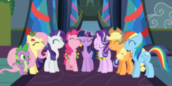 Size: 19809x10000 | Tagged: safe, artist:frownfactory, applejack, fluttershy, pinkie pie, rainbow dash, rarity, spike, starlight glimmer, twilight sparkle, alicorn, dragon, earth pony, pegasus, pony, unicorn, a hearth's warming tail, g4, absurd resolution, christmas, eyes closed, female, hearth's warming, hearth's warming eve, holiday, male, mane six, mare, twilight sparkle (alicorn), vector