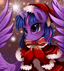 Size: 2177x2400 | Tagged: safe, artist:pridark, twilight sparkle, alicorn, pony, g4, bow, christmas, clothes, female, hat, high res, holiday, magic, mare, santa hat, smiling, solo, twilight sparkle (alicorn)