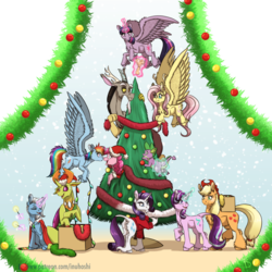 Size: 2400x2400 | Tagged: safe, artist:inuhoshi-to-darkpen, applejack, discord, fluttershy, pinkie pie, rainbow dash, rarity, spike, starlight glimmer, thorax, trixie, twilight sparkle, alicorn, bat pony, changedling, changeling, classical unicorn, draconequus, dragon, earth pony, pegasus, pony, unicorn, g4, bat ponified, boop, box, butt, christmas, christmas lights, christmas tree, compound eyes, cute, cute little fangs, discute, fangs, feathered fetlocks, female, flutterbat, flying, gradient background, hat, high res, holiday, horn, king thorax, leonine tail, magic, mane six, mare, noseboop, plot, race swap, santa hat, smiling, snow, snowfall, sparkler (firework), thorabetes, tree, twilight sparkle (alicorn), unshorn fetlocks