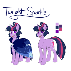 Size: 1000x1000 | Tagged: safe, artist:cosmalumi, twilight sparkle, pony, unicorn, tumblr:ask queen moon, g4, alternate hairstyle, clothes, female, hair bun, looking at you, mare, open mouth, reference sheet, simple background, smiling, solo, unicorn twilight, white background