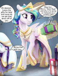 Size: 5100x6600 | Tagged: safe, artist:silfoe, princess celestia, rarity, alicorn, pony, unicorn, g4, absurd resolution, adventure in the comments, alternate hairstyle, bong, clothes, commission, dialogue, dress, drugs, female, floppy ears, glowing horn, horn, lesbian, magic, mare, marijuana, married, married couple, present, ship:rarilestia, shipping, telekinesis