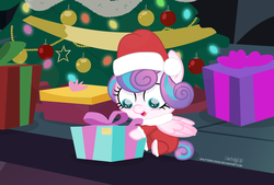 Size: 3084x2079 | Tagged: safe, artist:shutterflyeqd, princess flurry heart, alicorn, pony, g4, baby, baby pony, christmas, christmas tree, clothes, costume, cute, female, flurrybetes, hat, hearth's warming, high res, hnnng, holiday, present, santa costume, santa hat, shutterflyeqd is trying to murder us, smiling, solo, tree, weapons-grade cute