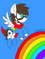 Size: 540x720 | Tagged: safe, oc, oc:markey malarkey, pony, cape, clothes, crossover, cute, flying, goggles, happy, ponified, rainbow, smiling, superhero, the mark side, wrong cutie mark