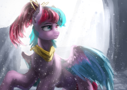 Size: 3508x2480 | Tagged: safe, artist:aidelank, oc, oc only, pegasus, pony, ascot, bow, crepuscular rays, female, heterochromia, high res, mare, snow, solo
