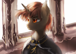 Size: 3508x2480 | Tagged: safe, artist:aidelank, oc, oc only, oc:alicon, pony, unicorn, cape, clothes, high res, male, room, solo, stallion, window
