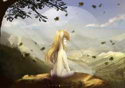 Size: 3508x2480 | Tagged: safe, artist:aidelank, oc, oc only, pony, unicorn, cloud, eyes closed, female, high res, leaves, mare, meditating, mountain, mountain range, planet, rear view, river, solo, tree