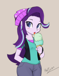 Size: 3500x4500 | Tagged: safe, artist:potzm, starlight glimmer, equestria girls, g4, spoiler:eqg specials, beanie, blushing, clothes, cute, doodle, eating, female, food, glimmerbetes, hat, ice cream, licking, looking at you, simple background, solo, that human sure does love ice cream, that pony sure does love ice cream, tongue out