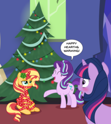 Size: 5415x6036 | Tagged: safe, artist:sugar-loop, starlight glimmer, sunset shimmer, twilight sparkle, pony, unicorn, g4, absurd resolution, blushing, christmas, christmas tree, counterparts, cute, dialogue, eyes closed, female, gift wrapped, hearth's warming eve, holiday, lesbian, mare, open mouth, raised hoof, ribbon, ship:sunsetsparkle, shipping, speech bubble, sunset shimmer is not amused, tree, twilight's counterparts, unamused, wrapped up
