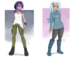 Size: 3000x2400 | Tagged: safe, artist:ponut_joe, starlight glimmer, trixie, human, arm band, beanie, boots, bra, clothes, dark skin, duo, female, hat, high heel boots, humanized, jewelry, looking at each other, moderate dark skin, pants, see-through, shirt, shoes, smiling, sweater, underwear, wallpaper