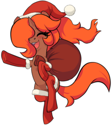 Size: 3212x3609 | Tagged: safe, artist:moonseeker, oc, oc only, oc:lily cureheart, pony, blushing, christmas, clothes, eyes closed, hat, high res, holiday, sack, santa hat, santa sack, simple background, solo, stockings, thigh highs, transparent background