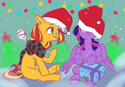 Size: 1000x700 | Tagged: safe, artist:theorderofalisikus, sunset shimmer, twilight sparkle, alicorn, pony, unicorn, g4, christmas, clothes, cute, female, hat, holiday, lesbian, mare, missing cutie mark, present, raised hoof, russian, santa hat, scarf, ship:sunsetsparkle, shipping, smiling, translated in the comments, twilight sparkle (alicorn)