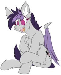 Size: 1414x1759 | Tagged: source needed, safe, artist:ralek, oc, oc only, oc:sunny sheila, bat pony, pony, 2018 community collab, derpibooru community collaboration, bat wings, cheek fluff, chest fluff, ear fluff, fangs, no catchlights, no pupils, open mouth, shoulder fluff, simple background, sitting, solo, tongue out, transparent background