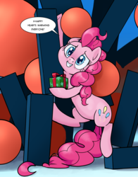 Size: 1353x1725 | Tagged: safe, alternate version, artist:pencils, pinkie pie, earth pony, pony, g4, dialogue, female, grin, looking at you, mare, patreon, present, smiling, solo, speech bubble, subliminal message