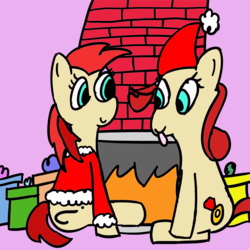 Size: 2000x2000 | Tagged: safe, artist:meme mare, oc, oc only, oc:red pone (8chan), oc:ruby (8chan), /pone/, 8chan, christmas, fireplace, hat, high res, holiday, present, santa hat, tongue out