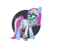 Size: 1024x768 | Tagged: artist needed, safe, oc, oc only, oc:eve scintilla, earth pony, pony, fallout equestria, blood, chemistry, clothes, glasses, lab coat, sad, simple background