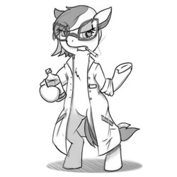 Size: 425x425 | Tagged: safe, artist:fixablom, oc, oc only, oc:eve scintilla, earth pony, pony, alcohol, bipedal, cigarette, clothes, glasses, lab coat, monochrome