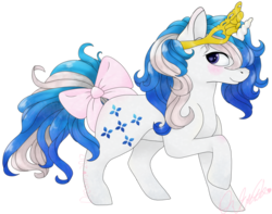 Size: 1024x808 | Tagged: safe, artist:dreamcreationsink, majesty, pony, unicorn, g1, blushing, bow, crown, female, jewelry, mare, regalia, simple background, smiling, solo, tail bow, transparent background