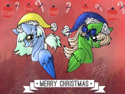 Size: 1024x771 | Tagged: safe, artist:melonseed11, oc, oc only, oc:melon seed, oc:seabreeze, pegasus, pony, bust, christmas, female, hat, holiday, mare, portrait, santa hat