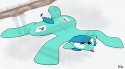 Size: 3600x1989 | Tagged: safe, artist:the-furry-railfan, oc, oc only, oc:interrobang, oc:linework, earth pony, pony, both cutie marks, derp, dirt road, female, flattened, shape change, snow, squished, surprised, tongue out, tracks