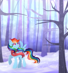 Size: 1080x1167 | Tagged: safe, artist:sketchyhowl, rainbow dash, pony, g4, clothes, female, forest, scarf, snow, solo, tree