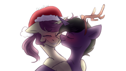 Size: 1280x720 | Tagged: safe, artist:chibadeer, oc, oc only, oc:kara, oc:lavrushka, pony, unicorn, antlers, christmas, female, hat, holiday, kissing, mare, reindeer antlers, santa hat