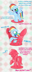 Size: 3132x7001 | Tagged: safe, artist:nxzc88, rainbow dash, pegasus, pony, g4, absurd resolution, alternate hairstyle, bondage, candy coated, comic, dialogue, encasement, exclamation point, female, floppy ears, forced smile, hearth's warming eve, implied pinkie pie, inanimate tf, interrobang, offscreen character, petrification, question mark, raised hoof, show accurate, smiling, statue, surprised, transformation, trap (device)
