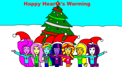Size: 2374x1298 | Tagged: safe, artist:samueljcollins1990, applejack, fluttershy, pinkie pie, rainbow dash, rarity, sunset shimmer, twilight sparkle, equestria girls, g4, christmas, christmas tree, happy hearth's warming, hat, hearth's warming, holiday, merry christmas, santa hat, tree