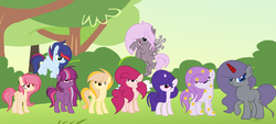 Size: 5136x2312 | Tagged: safe, artist:rose-moonlightowo, oc, oc only, changepony, earth pony, pegasus, pony, unicorn, female, gift art, group, high res, mare, present