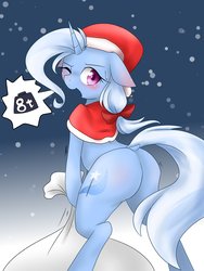 Size: 900x1200 | Tagged: safe, artist:azurepicker, trixie, pony, unicorn, g4, bipedal, blushing, butt, butt blush, christmas, dock, female, floppy ears, hat, holiday, looking at you, looking back, looking back at you, one eye closed, pictogram, plot, santa hat, santa sack, solo