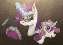 Size: 2094x1500 | Tagged: safe, artist:pony-from-everfree, rarity, sweetie belle, pony, unicorn, g4, black background, black paper, bust, clothes, crown, ear fluff, female, glasses, jewelry, magic, needle, regalia, sewing, simple background, sisters, traditional art