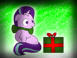 Size: 1916x1448 | Tagged: safe, artist:xvelvetpaws, starlight glimmer, pony, unicorn, g4, christmas, clothes, female, holiday, present, scarf, solo