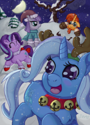 Size: 1448x2000 | Tagged: safe, artist:swasfews, maud pie, starlight glimmer, sunburst, trixie, earth pony, pony, unicorn, g4, bell, bell collar, blushing, boots, christmas, collar, cute, diatrixes, eyes closed, glimmerbetes, happy, hat, hearth's warming, holiday, maudabetes, moon, night, open mouth, santa hat, shoes, smiling, snow, sunbetes, tree, wavy mouth